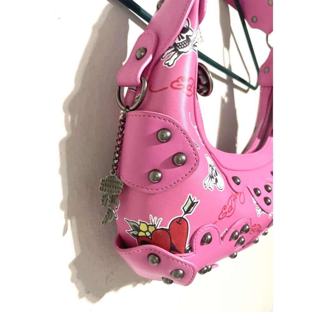 Ed Hardy Pink Hobo Shoulder Bag Studded Heart Rose Skull Cross Charms NEW - Picture 5 of 8